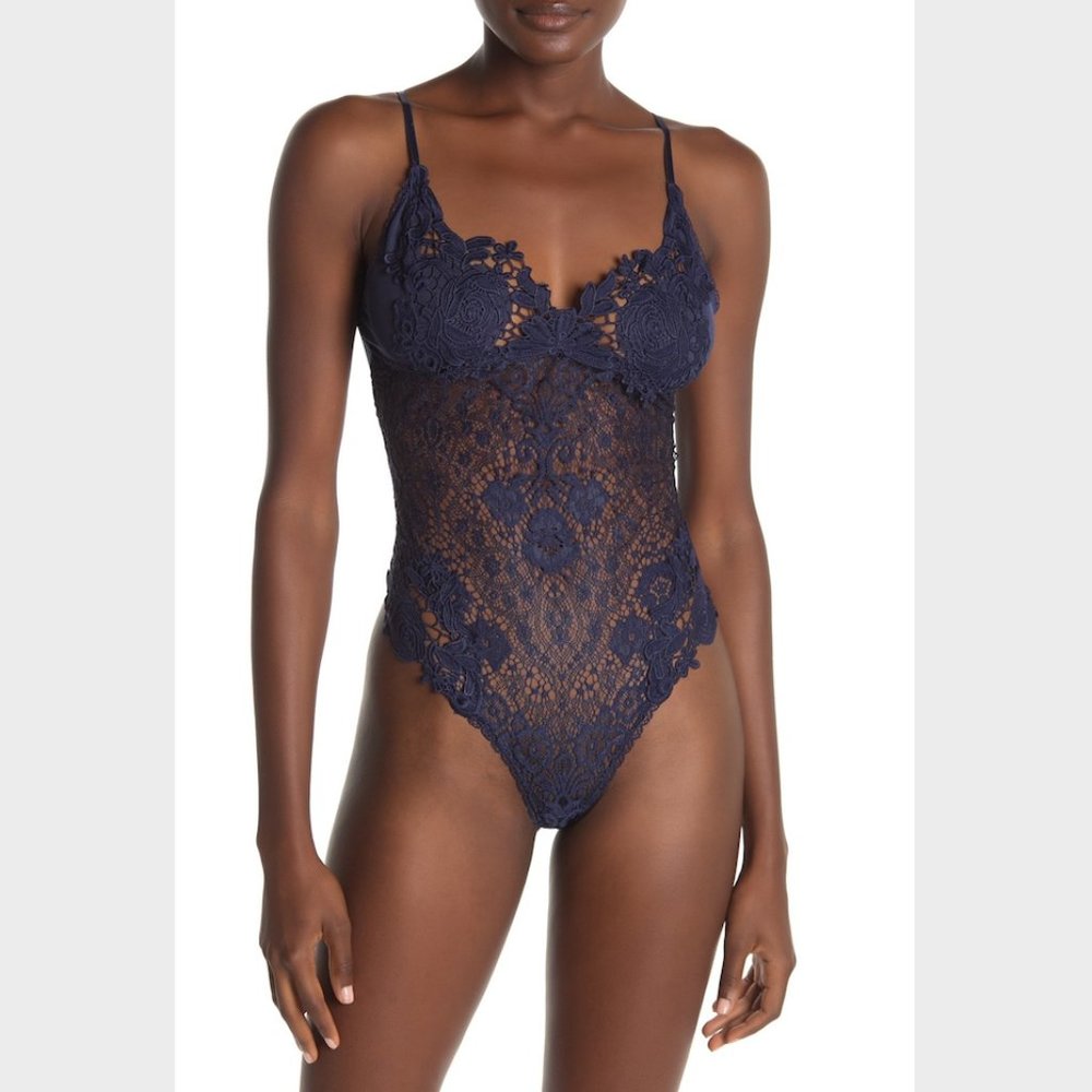 In Bloom Navy Lace Sheer Bodysuit